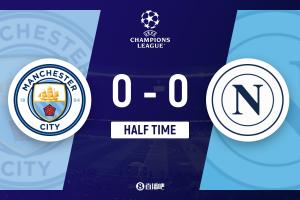 半場(chǎng)-曼城0-0十人那不勒斯 迪洛倫佐直紅德布勞內(nèi)26分鐘被換下