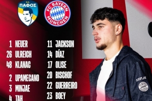 拜仁歐冠客戰(zhàn)帕福斯大名單：凱恩領(lǐng)銜鋒線，比朔夫、格雷羅在列