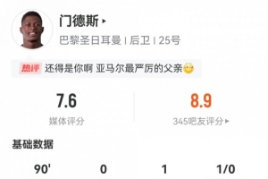 對決亞馬爾！門德斯數(shù)據(jù)：1次助攻，4次關鍵傳球，評分7.6