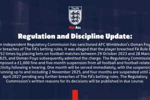 官方：英甲球員福約252次違反博彩條例，被罰款1000鎊+禁賽5個(gè)月