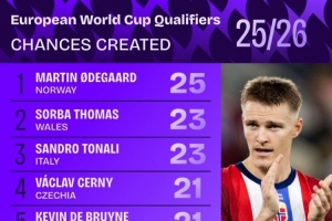 歐洲世預賽創(chuàng)造機會榜：厄德高25次居首，托納利23次、丁丁21次