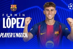 4射4正+戴帽！費(fèi)爾明當(dāng)選巴薩6-1奧林匹亞科斯一役全場(chǎng)最佳