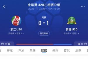 王鈺棟首發(fā)第67分鐘被換下！浙江U20隊0-1不敵新疆，末輪對陣山東