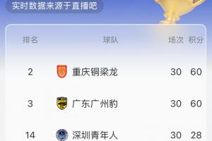 中甲實時積分榜：按目前比分銅梁龍將升超，廣州豹第3，平果降級